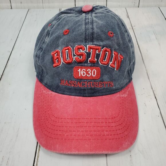 Boston Massachusetts Hat Men’s baseball cap Strapback One Size Denim Red GUC - Picture 1 of 12